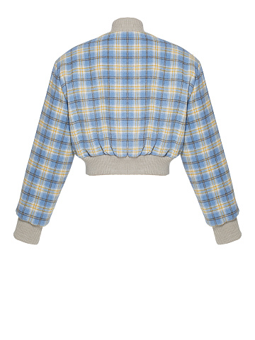 Light Blue Plaid Cropped Bomber Jacket, 2