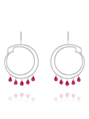 Pear Ruby, Round Diamond & White Gold Earrings, 1