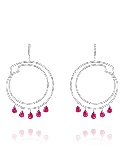 Pear Ruby, Round Diamond & White Gold Earrings, 1