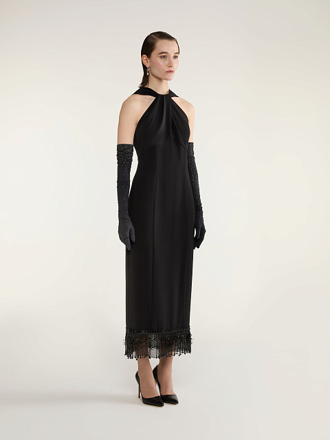 Black Off Shoulder Midi Dress with Fringe, 4