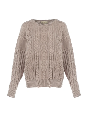 Dust Beige Distressed Cable Knit Sweater, 1