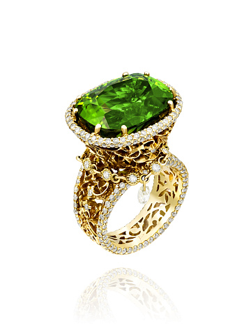 Chrysolite, Yellow Briolette Diamond, Yellow Round Diamond & Gold Ring, 1
