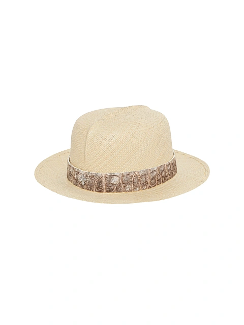 Himalayan Crocodile Leather Trimmed Straw Hat, 1 Himalayan Crocodile Leather Trimmed Straw Hat, 1