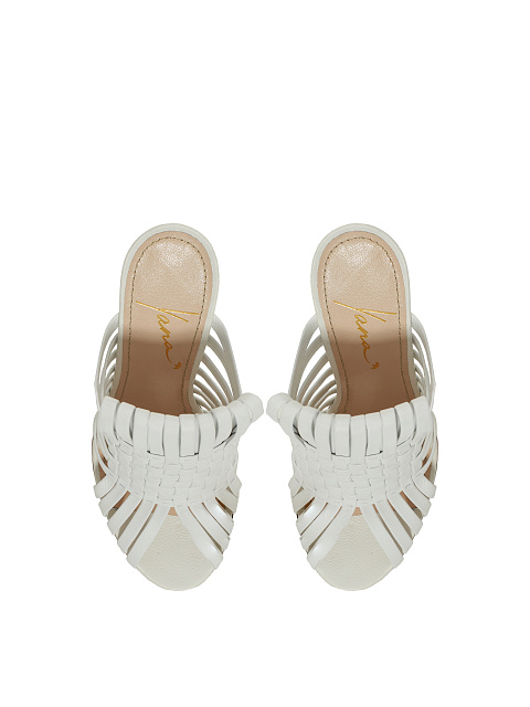 White Woven Leather Heeled Mules, 4
