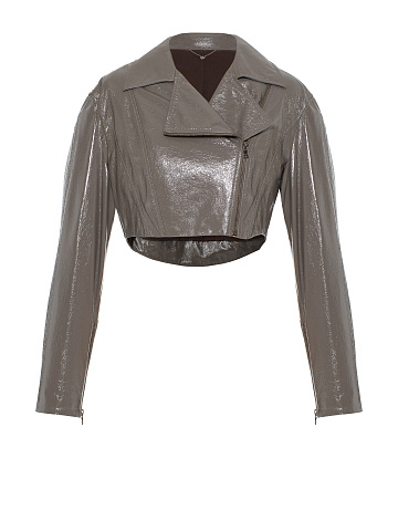 Taupe Cropped Patent Leather Biker Jacket, 1