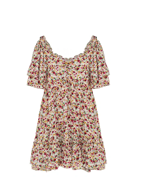 Beige & Red Floral Print Cotton Mini Dress With Ruffles, 1 Beige & Red Floral Print Cotton Mini Dress With Ruffles, 1