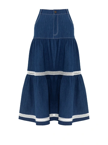 Blue Lace Trim Denim Midi Skirt, 1