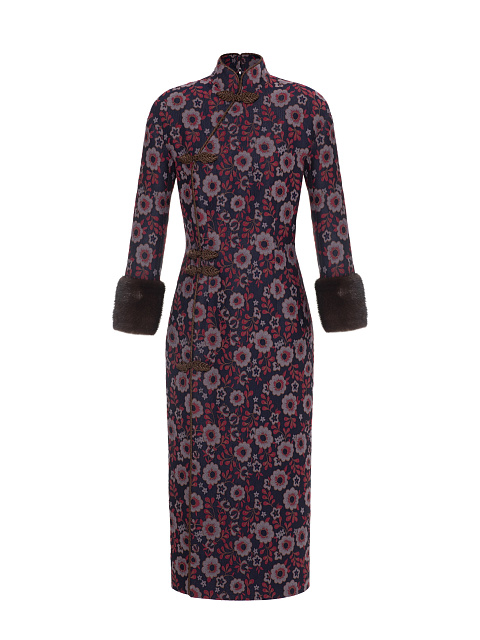 Jacquard Midi Dress With Mink Fur Cuffs, 1
