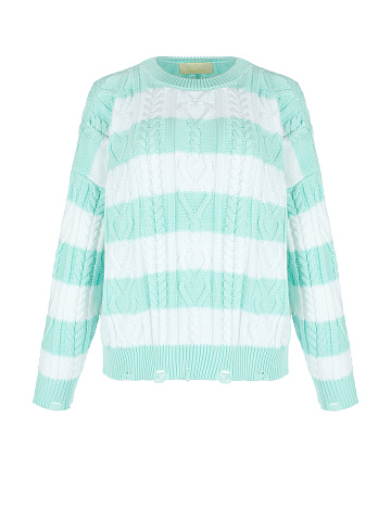 White & Mint Striped Distressed Cable Knit Sweater, 1