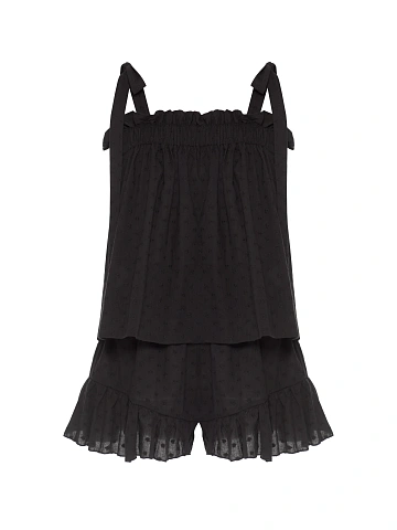 Black set with tie-front top and ruffled shorts, 1