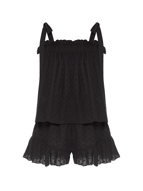 Black set with tie-front top and ruffled shorts, 1 Black set with tie-front top and ruffled shorts, 1