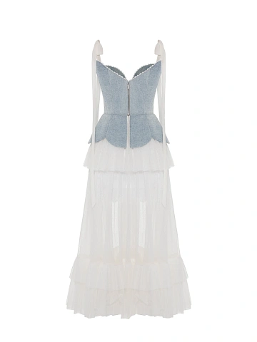 Maxi dress made of blue denim and white mesh, 2
