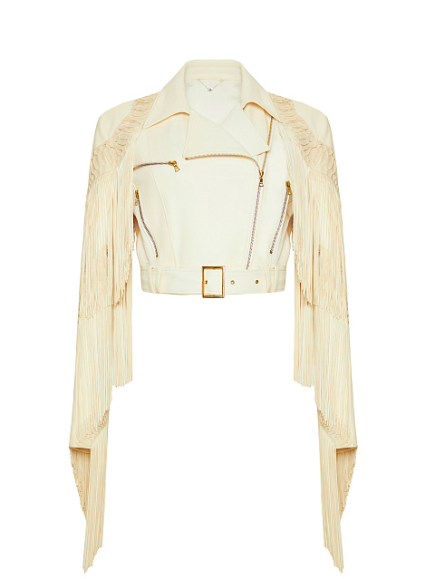 Python Leather Trimmed Fringed Biker Jacket
, 1