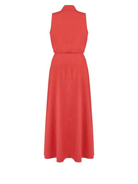 Set, coral linen, blouse with a tie at the hips, flared skirt with buttons, 2