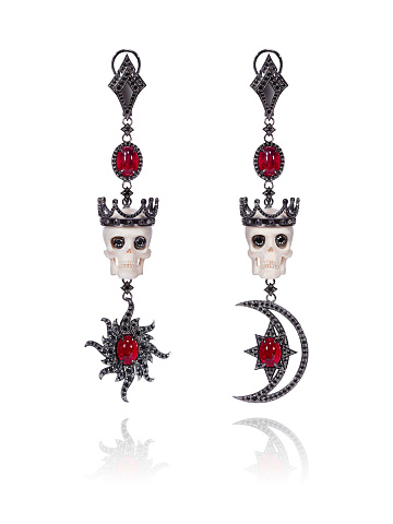 Black Gold, Ruby & Black Diamonds Skull Earrings, 1