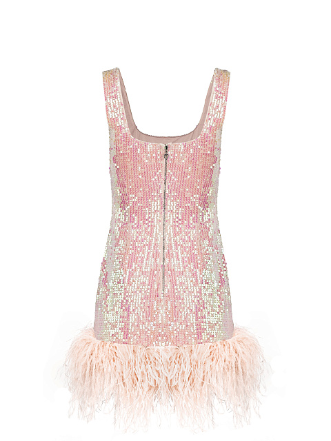 Pink Sequined Feather-Trimmed Mini Dress, 2 Pink Sequined Feather-Trimmed Mini Dress, 2