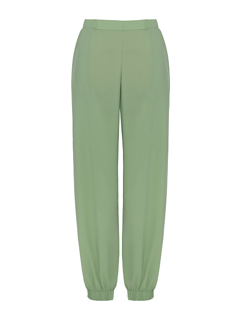 Green crepe silk suit, tunic trimmed with embroidery, joggers with elastic waistband, 3 Green crepe silk suit, tunic trimmed with embroidery, joggers with elastic waistband, 3