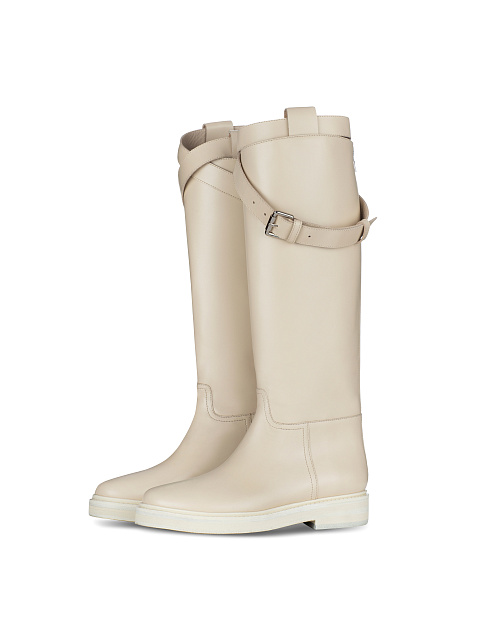 Ivory Leather Buckled Knee Boots, 1