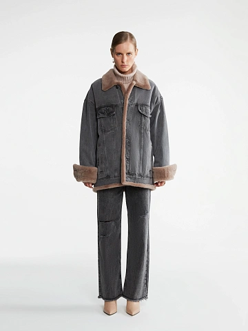 Grey Denim & Brown Shearling Oversized Jacket, 2