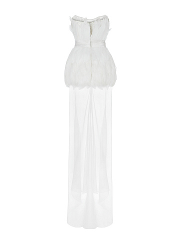 White Silk Feathers Trimmed Bridal Dress, 2