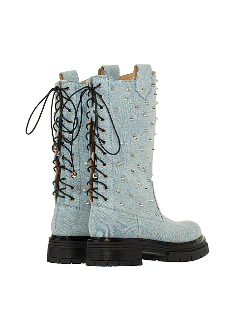 Light Blue Studded Denim Boots, 3