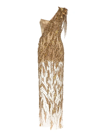 Gold Asymmetric Embroidered Mesh Maxi Dress, 1