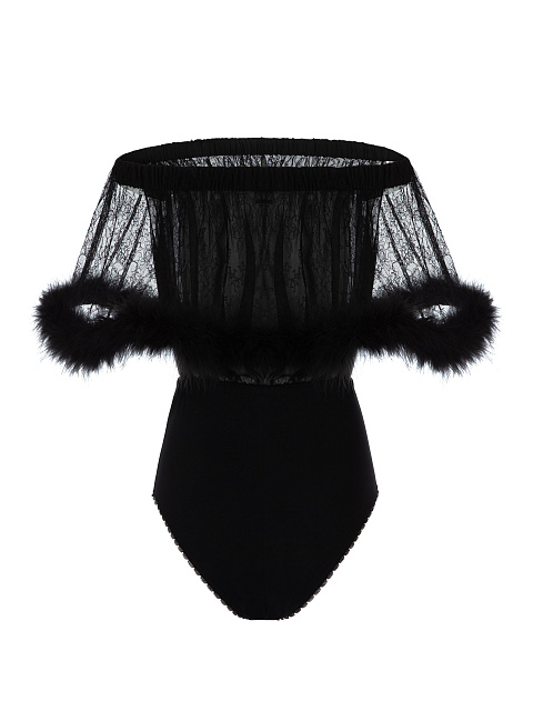 Black lace bodysuit with boa, 2 Black lace bodysuit with boa, 2