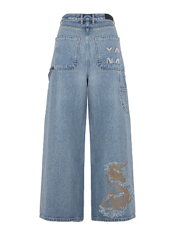 Wide light blue cotton jeans with fish embroidery, 2