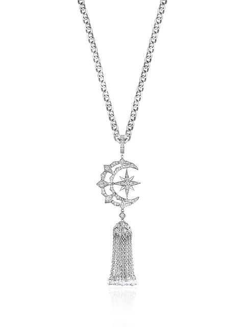 White gold necklace with crescent-shaped pendant and tassel, 1