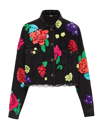 Black cropped denim jacket with raw hem and floral embroidery, 1