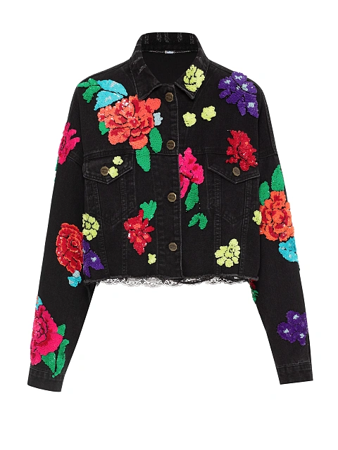 Black cropped denim jacket with raw hem and floral embroidery, 1 Black cropped denim jacket with raw hem and floral embroidery, 1