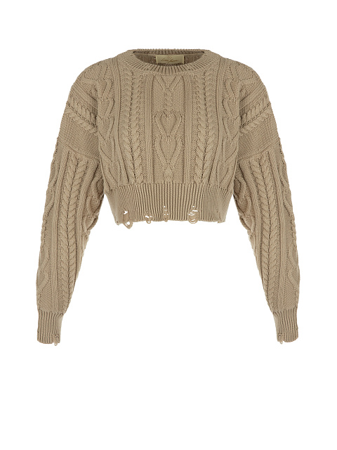 Dark Beige Cotton Cropped Cable Knit Sweater, 1 Dark Beige Cotton Cropped Cable Knit Sweater, 1
