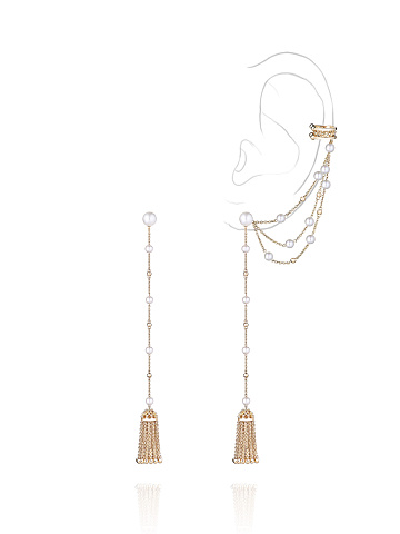 Tassel earrings with detachable rose gold ear cuff and pearls, 1
