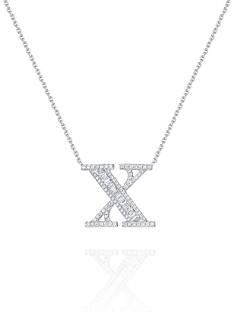 Necklace with a pendant in white gold and diamonds in the shape of the letter X, 1