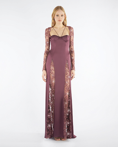 Purple Silk Lace-Paneled Maxi Dress, 4
