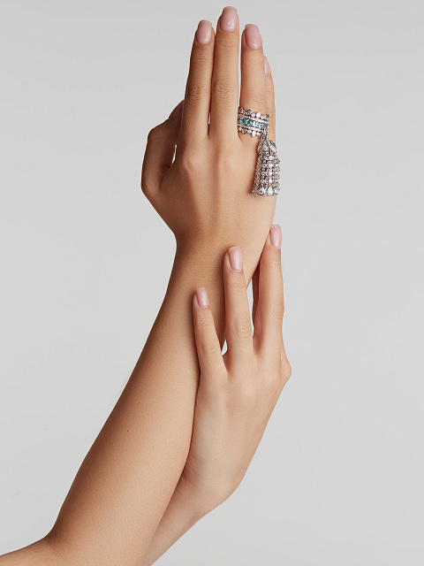 Tourmaline Paraiba & Round, Pear Diamond & White Gold Tassel Ring, 3