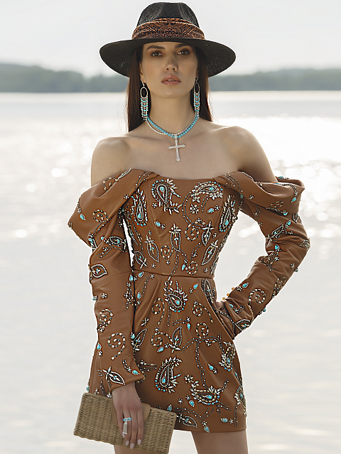 Turquoise & Crystals Embroidered Brown Leather Mini Dress, 5