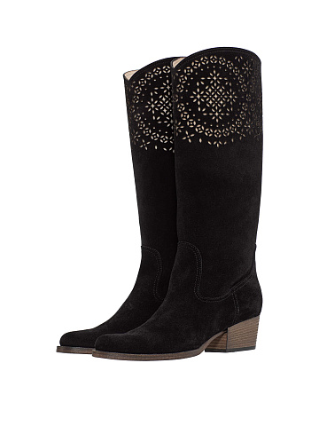 Black suede cowboy boots with perforation, 1