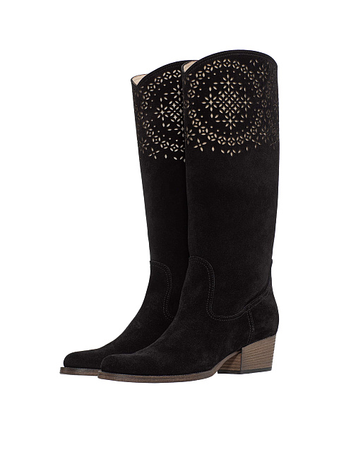 Black suede cowboy boots with perforation, 1
