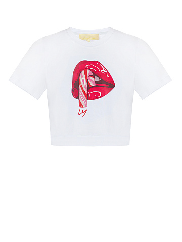 Cropped White Lips Printed T-Shirt, 1