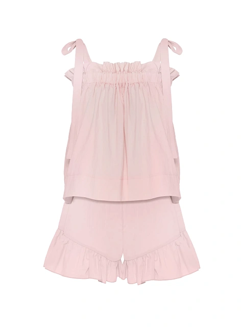 Pink set with tie-front top and ruffled shorts, 1 Pink set with tie-front top and ruffled shorts, 1