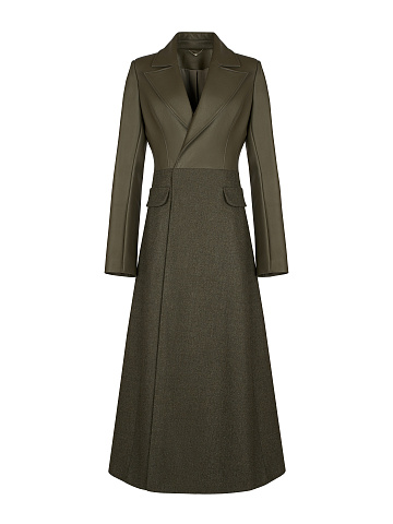Khaki Green Leather & Wool Coat, 1