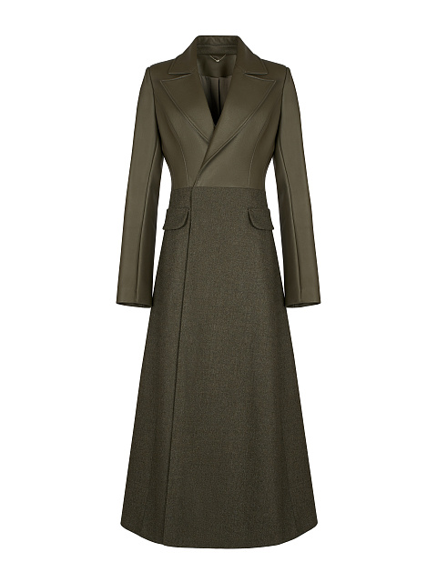 Khaki Green Leather & Wool Coat, 1