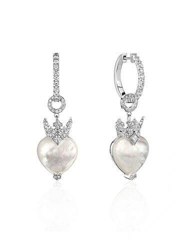 White Gold, Mother-of-Pearl & Diamonds "Heart" Earrings, 1