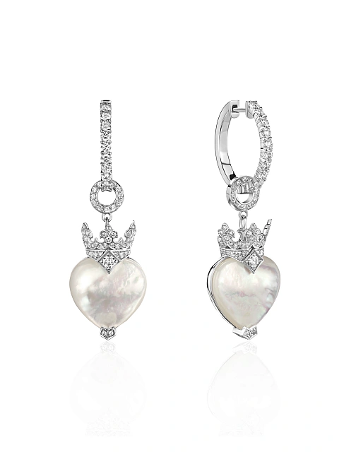 White Gold, Mother-of-Pearl & Diamonds "Heart" Earrings, 1
