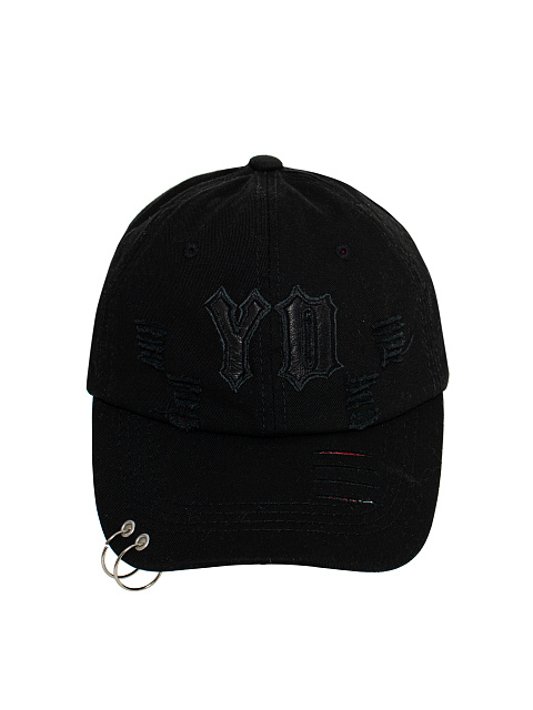 Black Distressed Denim Cap With Rings, 2 Black Distressed Denim Cap With Rings, 2