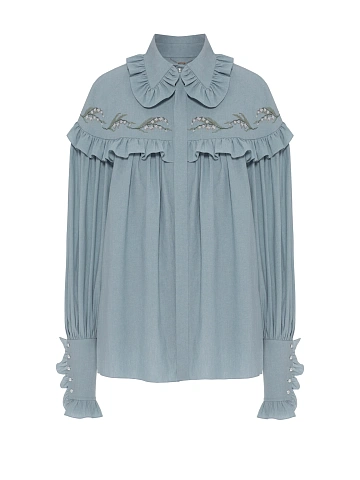Light Blue Embroidery & Ruffle Cotton Shirt, 1