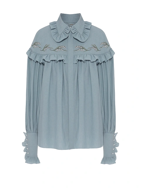 Light Blue Embroidery & Ruffle Cotton Shirt, 1 Light Blue Embroidery & Ruffle Cotton Shirt, 1