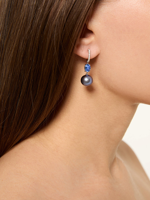 Oval Sapphire, Black Bead Pearl, Round Diamond & White Gold Earrings, 2