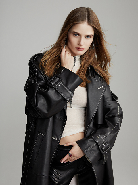 Black Leather & White Mink Fur Lining Trench Coat, 8